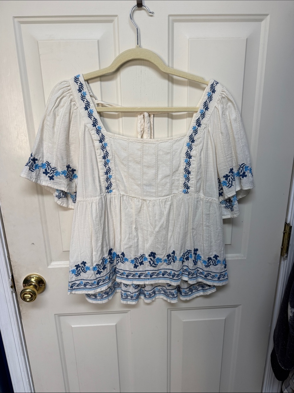 Old Navy White Peasant Top with Blue Floral Embroidery
